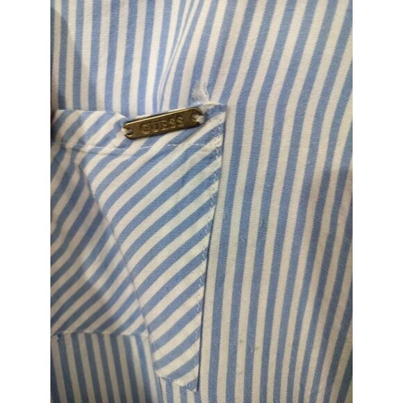 3231) Guess Blue White Stripe long Sleeve Button Down Gold Button Rayon Shirt L - Picture 5 of 8